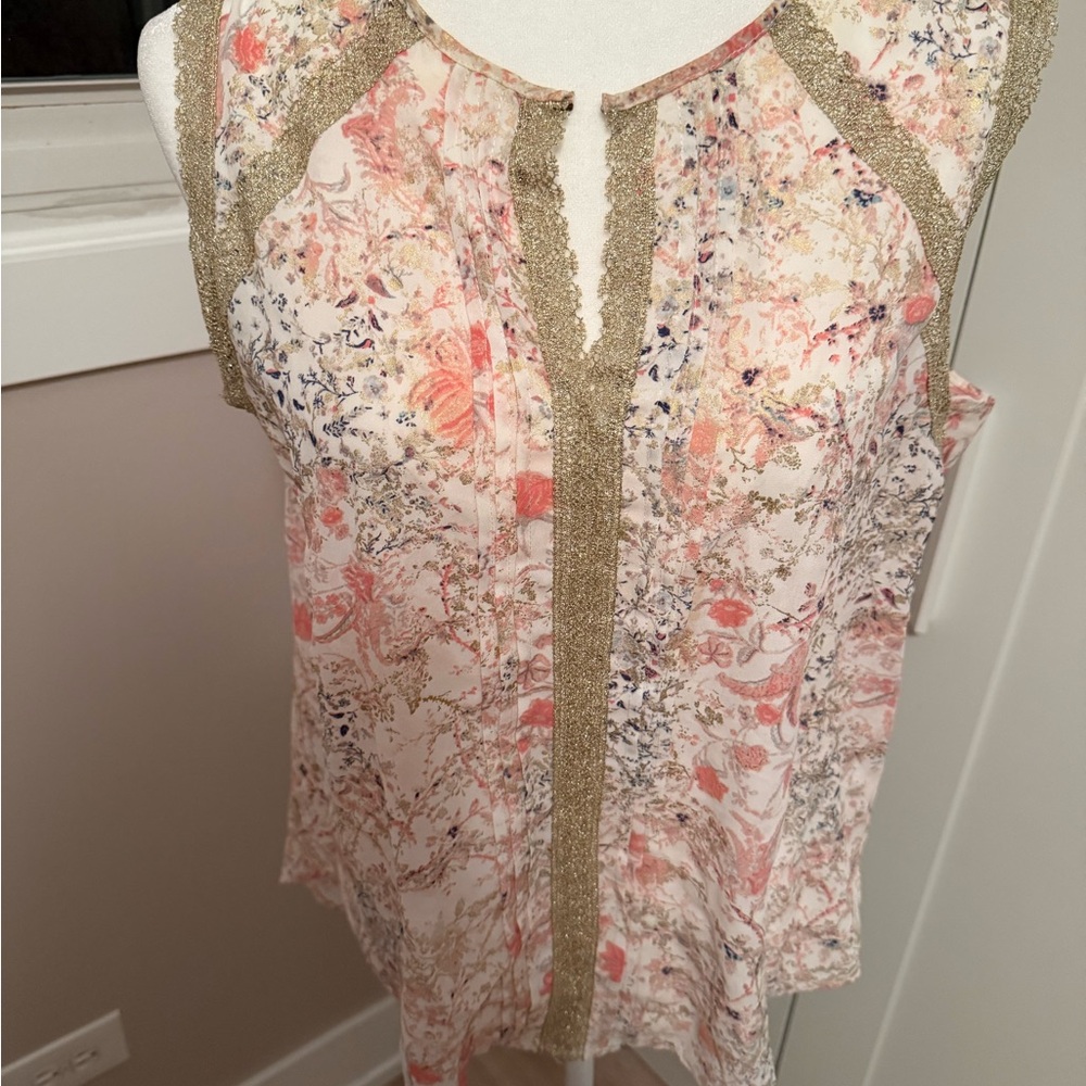 T Tahari Pink Floral Blouse with Gold Accents